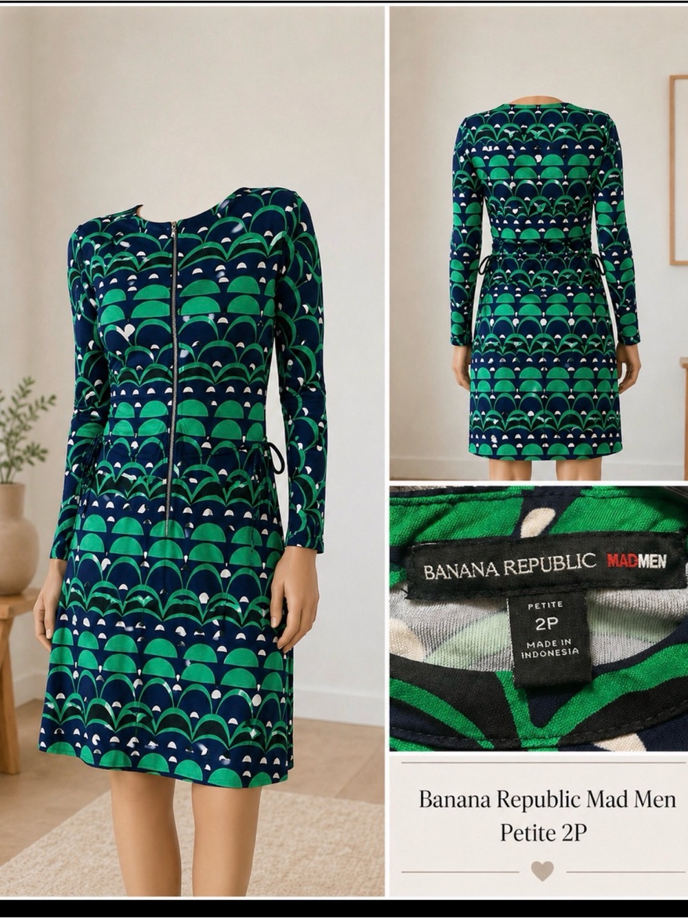 Banana Republic Green & Navy Geometric Zip-Front Long-Sleeve Dress